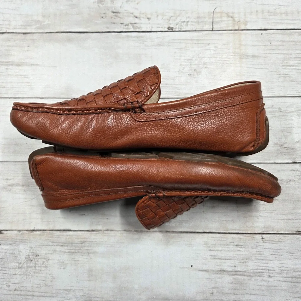 Mercanti Fiorentini Loafers Men 8M Cognac Brown Woven Leather Driving Mocs Relax